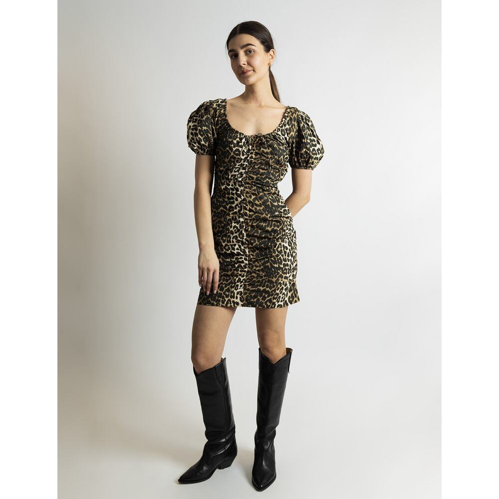 GANNI Printed Cotton Gathered Ruched Mini Dress Big Leopard Almond Milk‎ Size 36